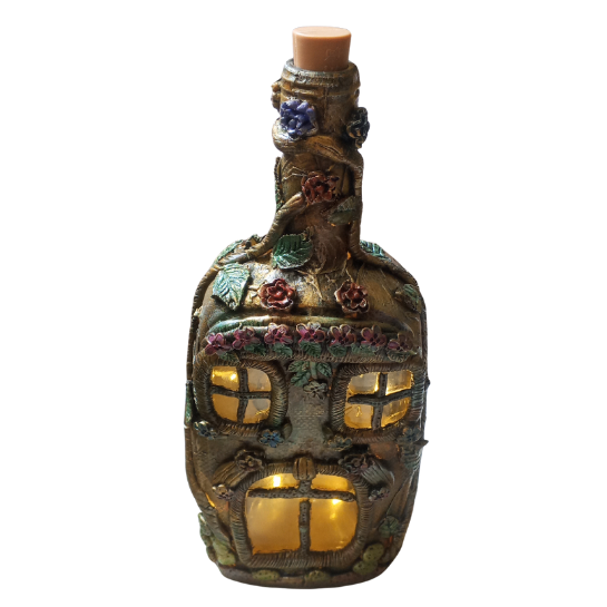 Adorno botella forma casa con luz